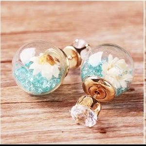 Glass Blue Crystal Bubble Ball Gold Stud Earrings